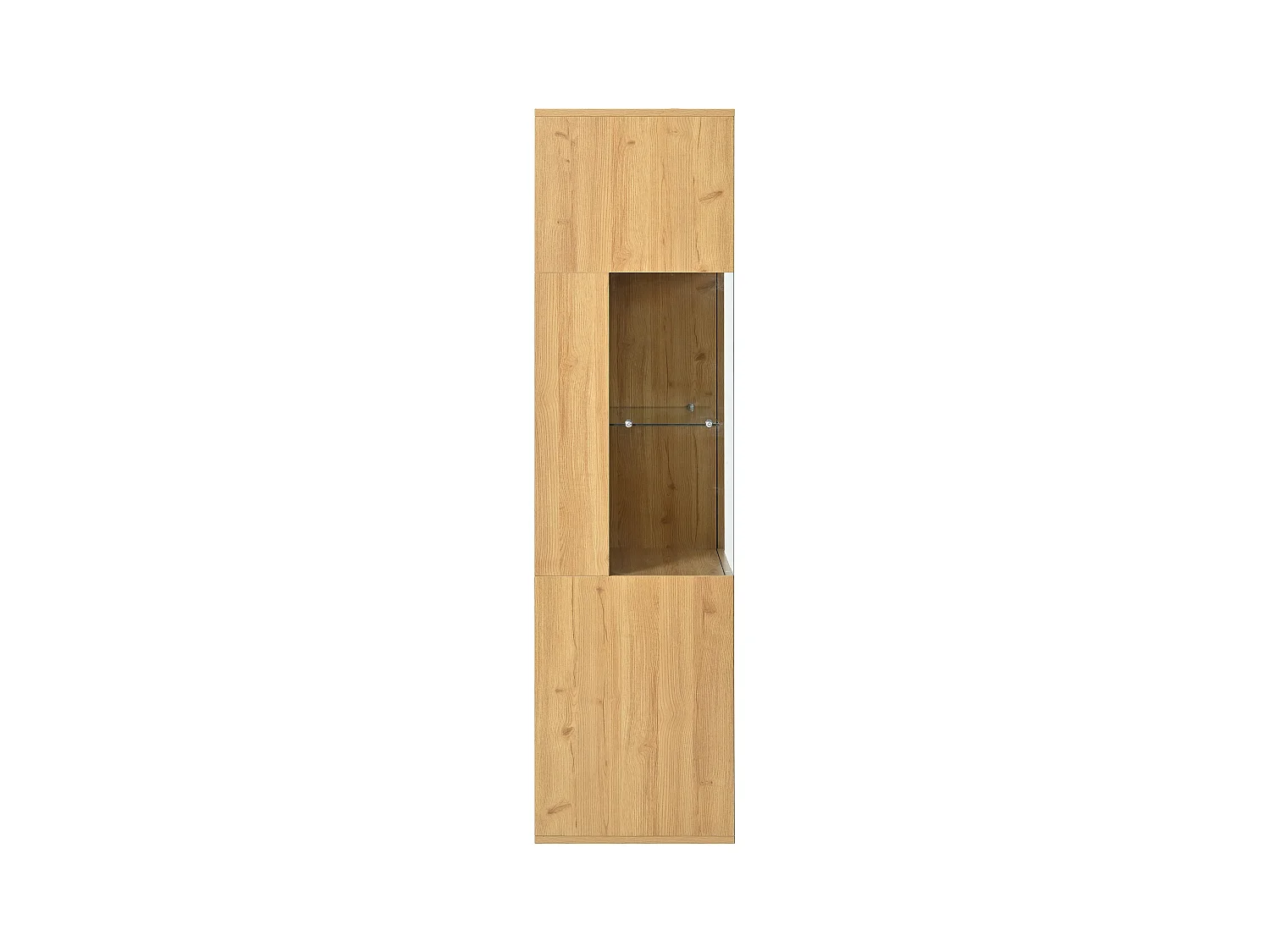 Vitrine couleur naturelle avec 3 portes, éclairage LED et étagères en verre, MDF