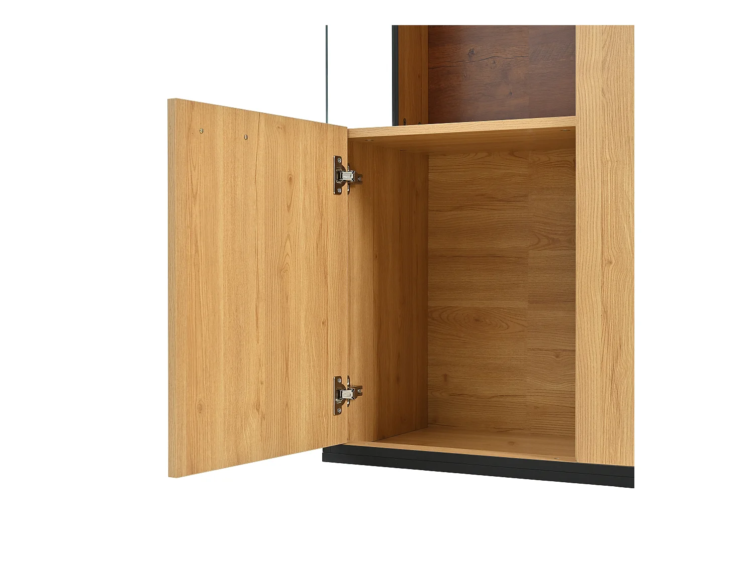 Vitrine couleur naturelle avec 3 portes, éclairage LED et étagères en verre, MDF