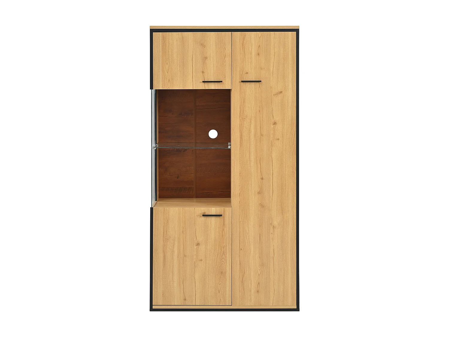 Vitrinekast in natuurlijke kleur met 3 deuren, LED-verlichting en glazen planken, MDF