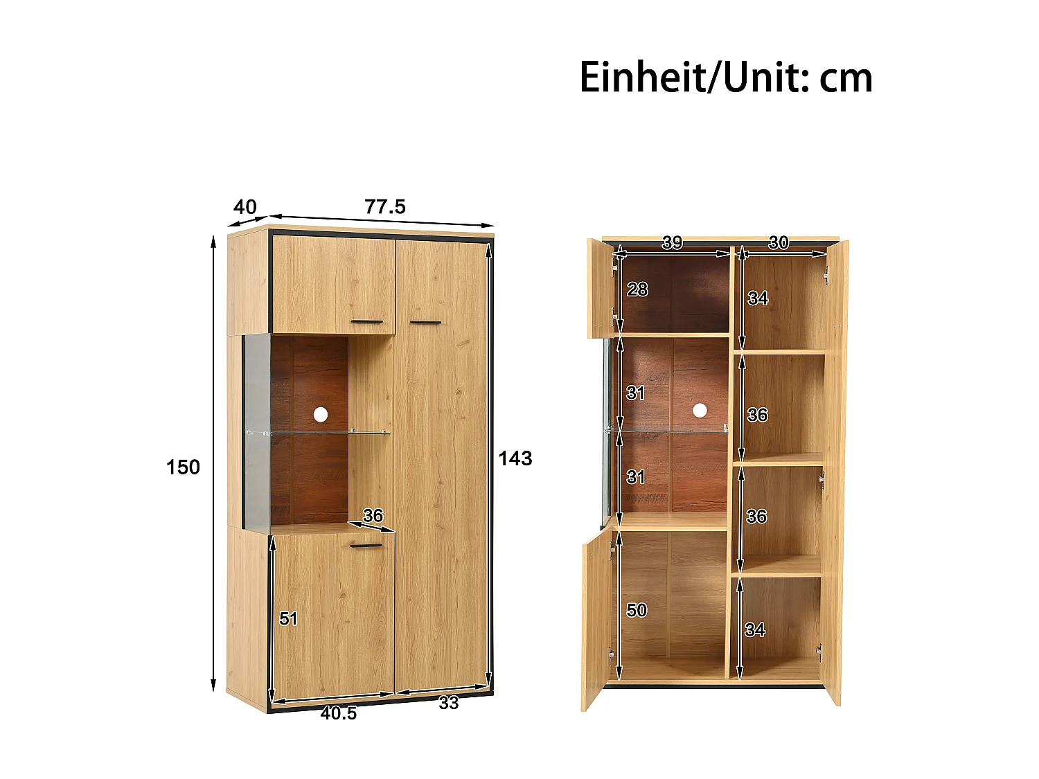 Vitrinekast in natuurlijke kleur met 3 deuren, LED-verlichting en glazen planken, MDF