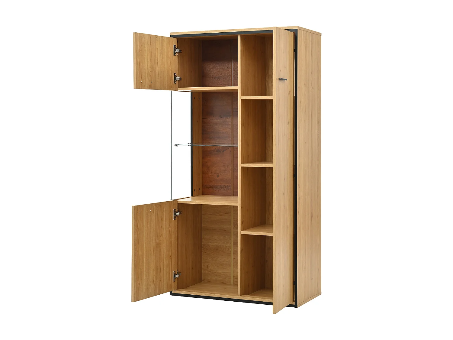 Vitrinekast in natuurlijke kleur met 3 deuren, LED-verlichting en glazen planken, MDF