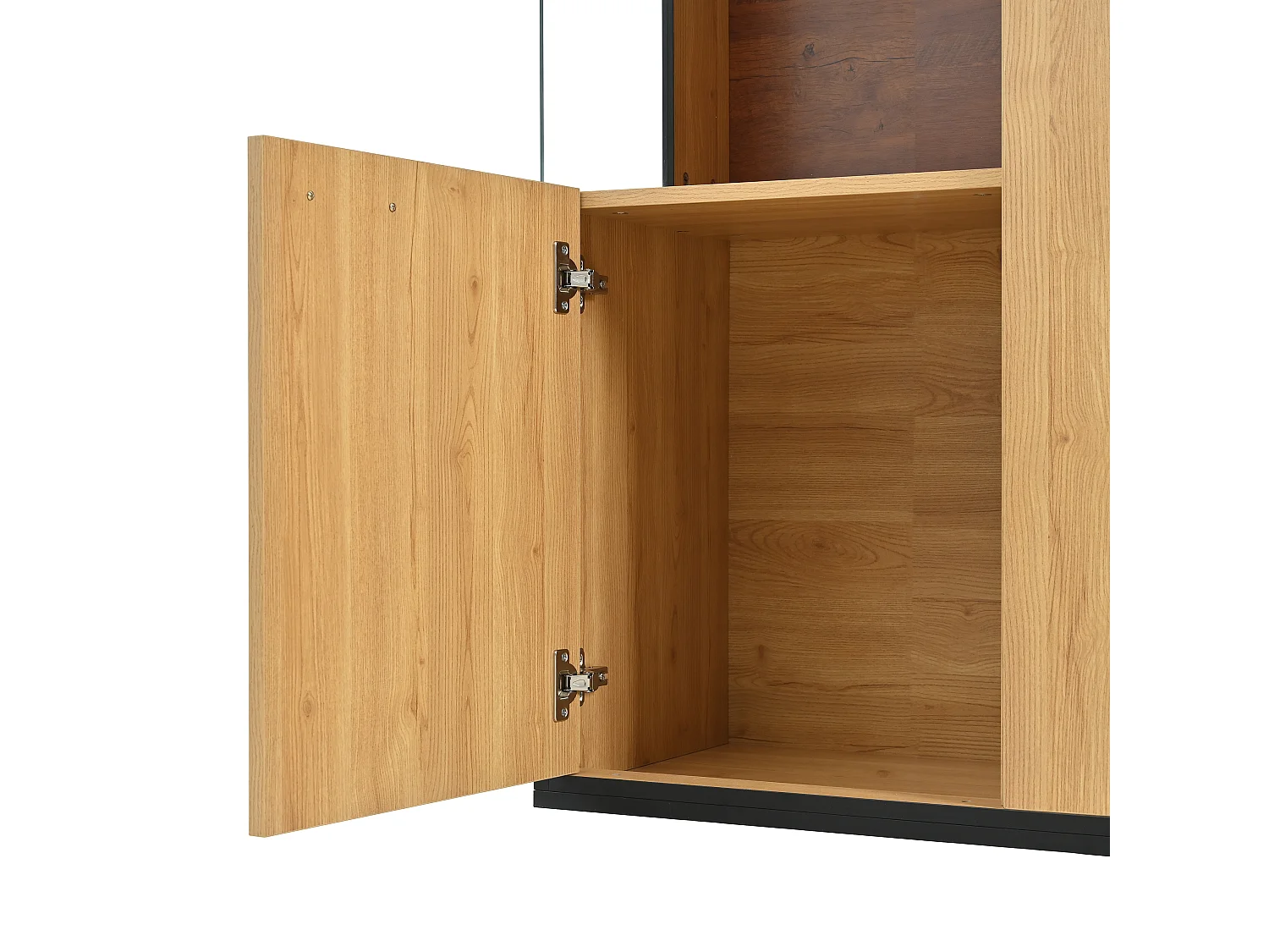 Vitrinekast in natuurlijke kleur met 3 deuren, LED-verlichting en glazen planken, MDF