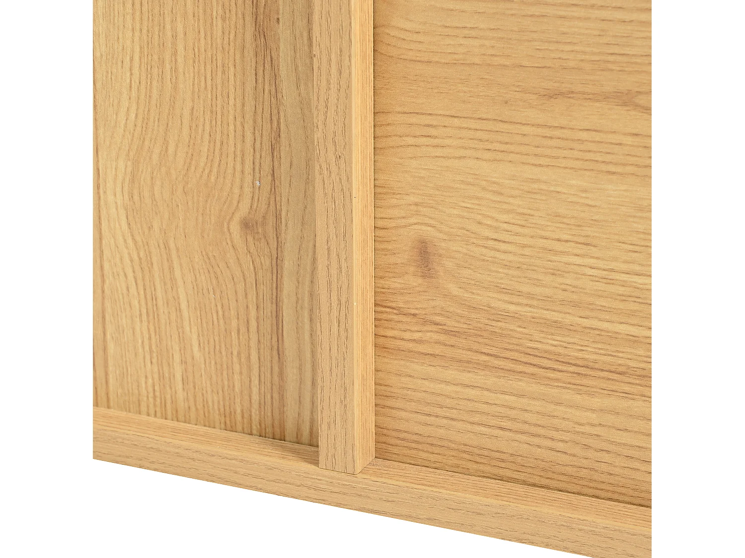 Vitrinekast in natuurlijke kleur met 3 deuren, LED-verlichting en glazen planken, MDF