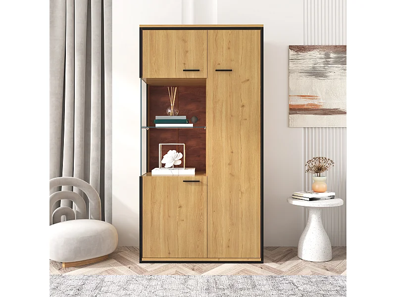 Vetrina color naturale con 3 ante, illuminazione a LED e ripiani in vetro, MDF