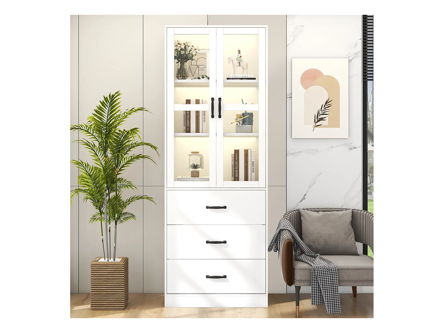 Vetrina bianca con 3 cassetti, 2 ante in vetro e luci a LED, ripiani regolabili