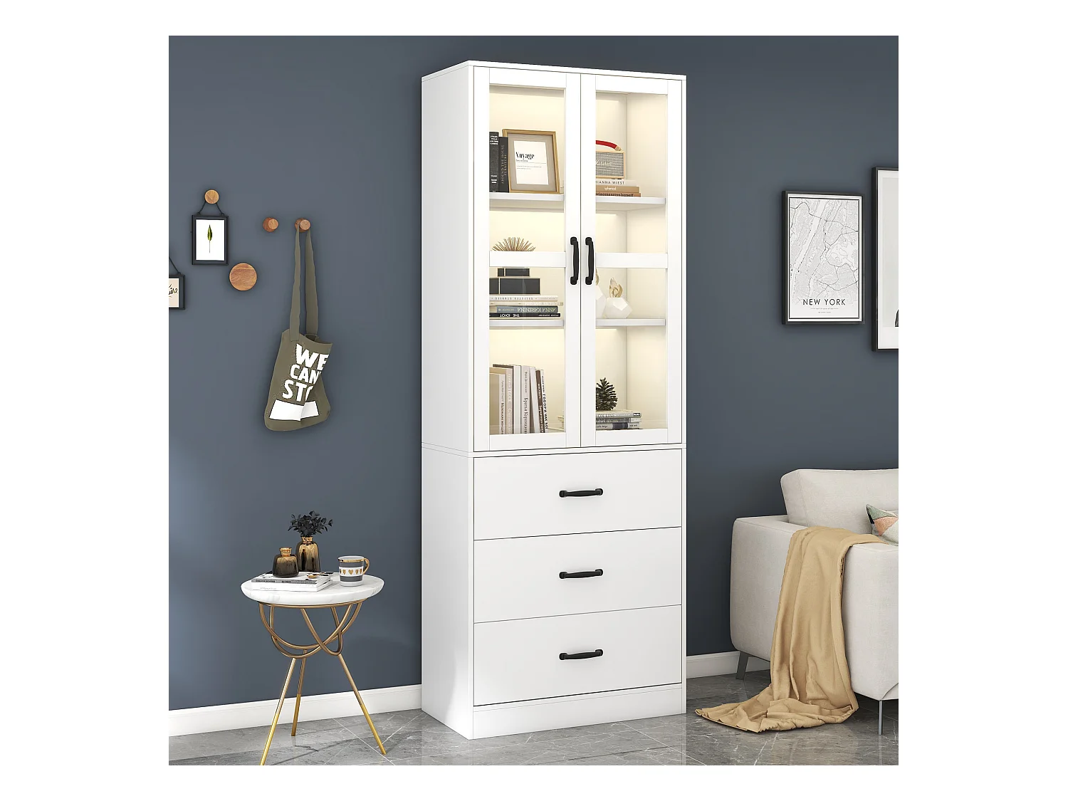 Vetrina bianca con 3 cassetti, 2 ante in vetro e luci a LED, ripiani regolabili