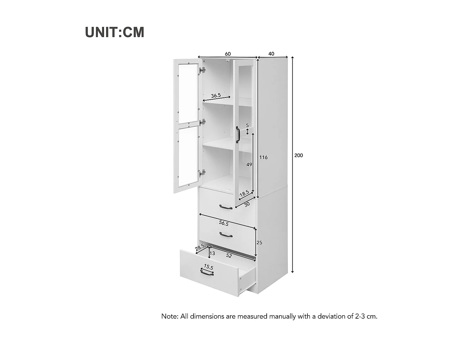 Vitrine blanche avec 3 tiroirs, 2 portes vitrées et lumières LED, étagères réglables