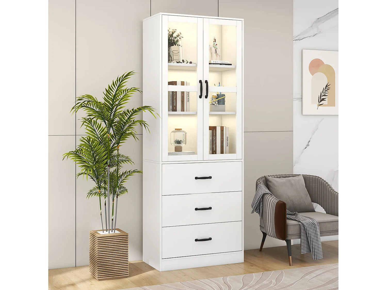 Vitrine blanche avec 3 tiroirs, 2 portes vitrées et lumières LED, étagères réglables