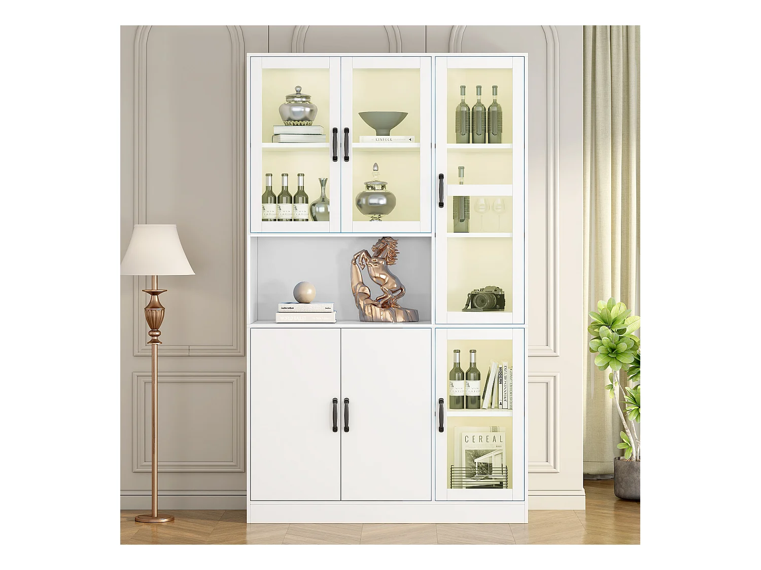 Vitrine blanche avec 2 portes, 4 portes vitrées et lumières LED, poignées noires