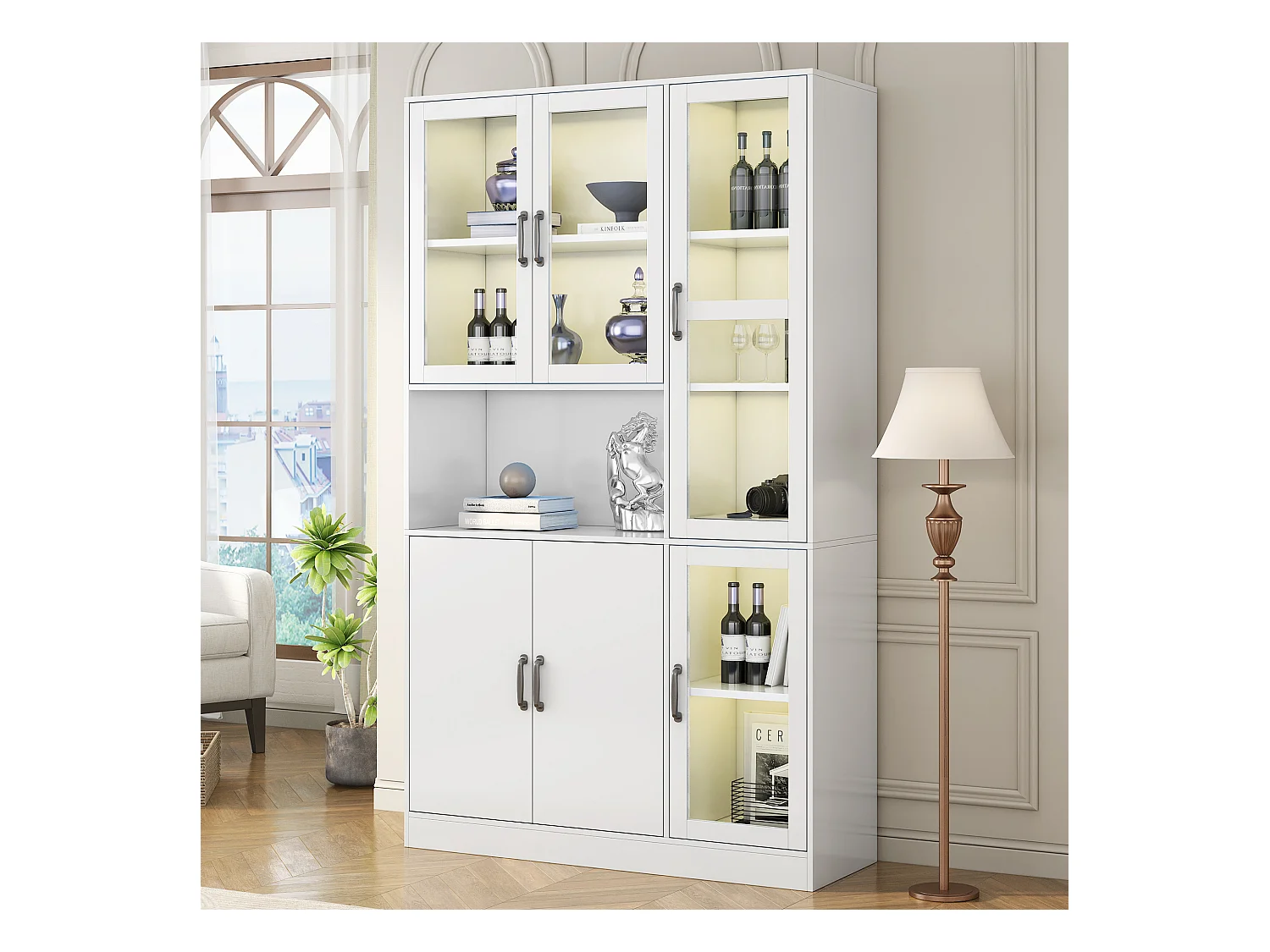 Vitrine blanche avec 2 portes, 4 portes vitrées et lumières LED, poignées noires