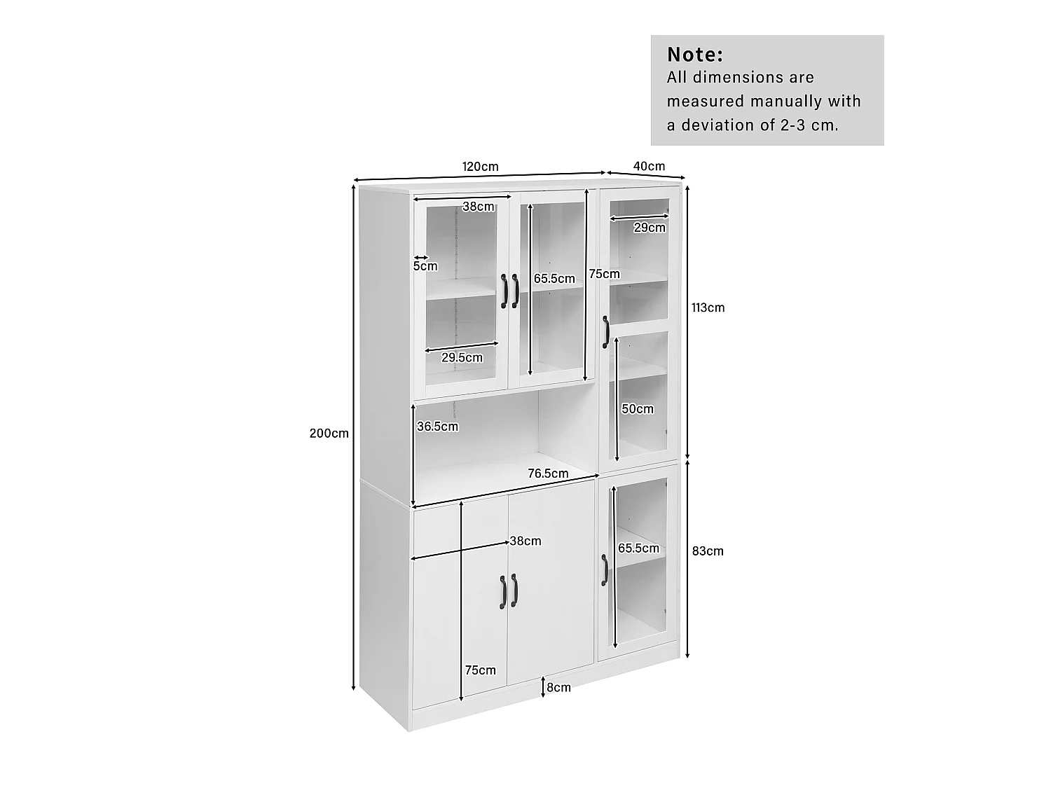 Vitrine blanche avec 2 portes, 4 portes vitrées et lumières LED, poignées noires