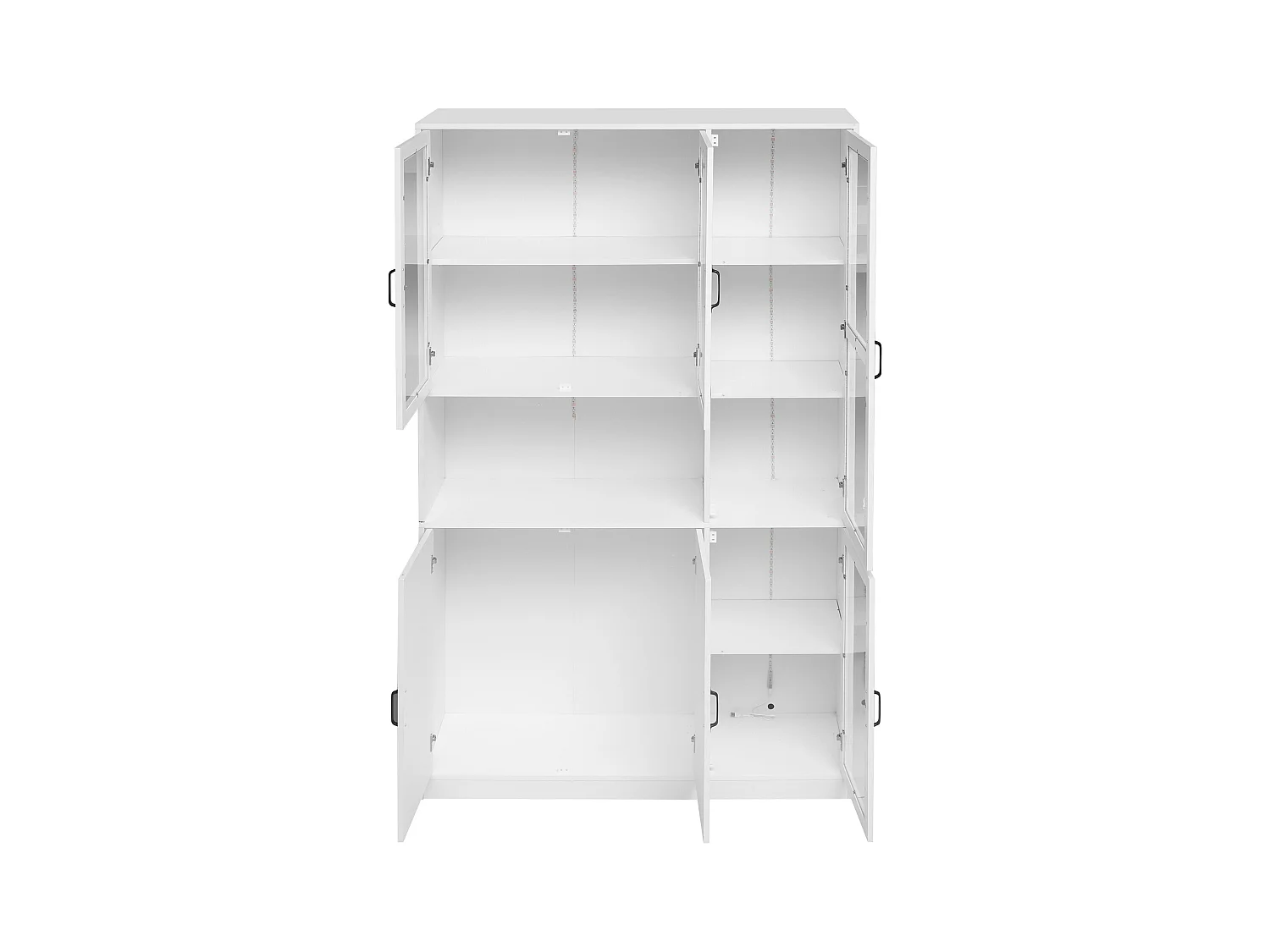 Vitrine blanche avec 2 portes, 4 portes vitrées et lumières LED, poignées noires