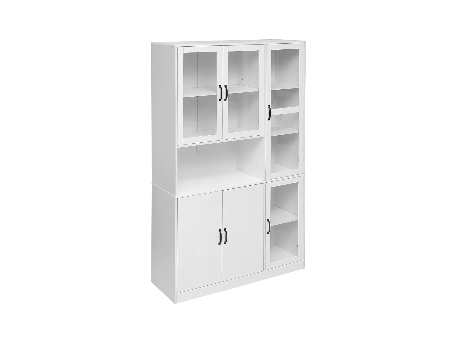 Vitrine blanche avec 2 portes, 4 portes vitrées et lumières LED, poignées noires