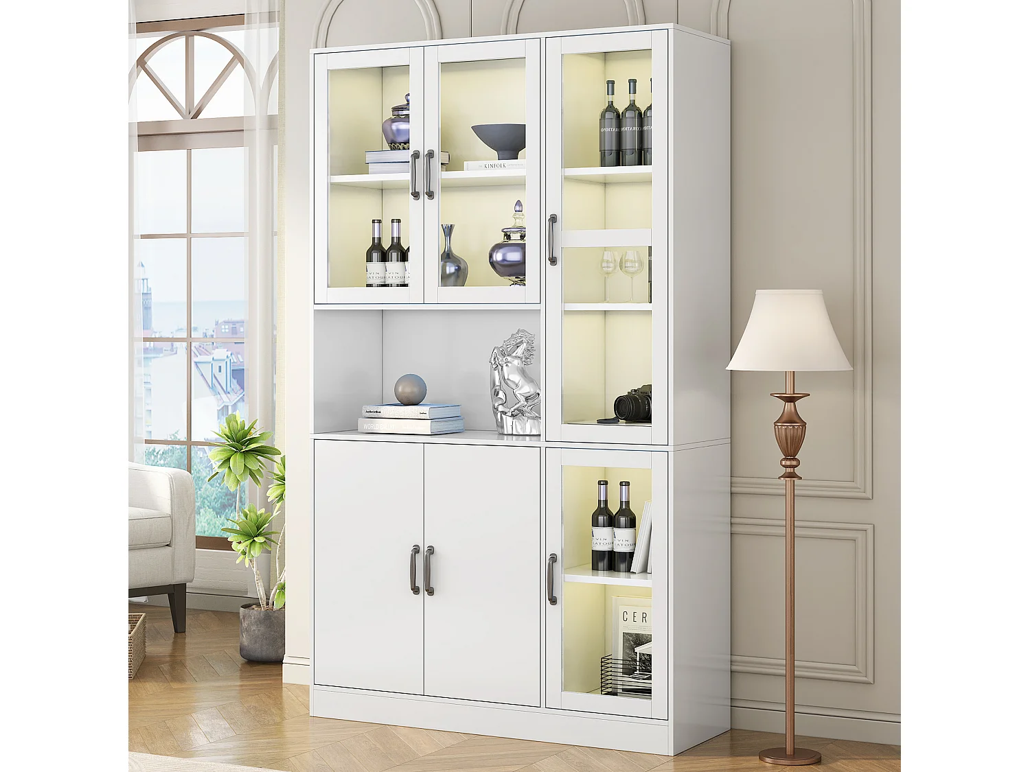 Vitrine blanche avec 2 portes, 4 portes vitrées et lumières LED, poignées noires