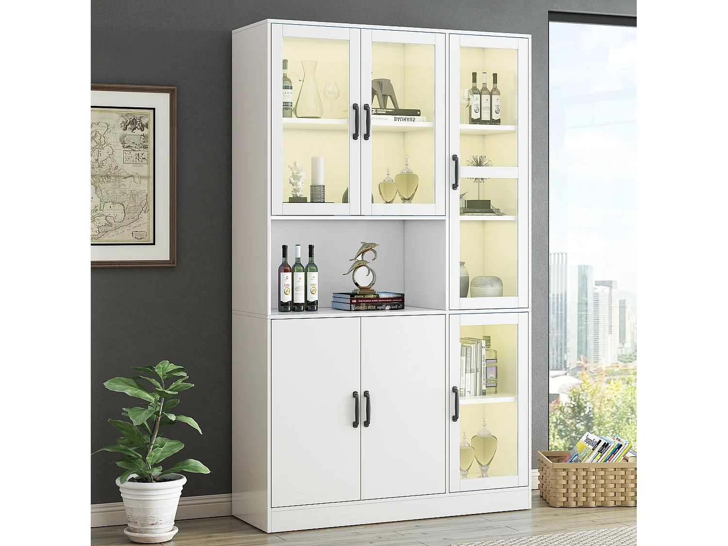 Vitrine blanche avec 2 portes, 4 portes vitrées et lumières LED, poignées noires