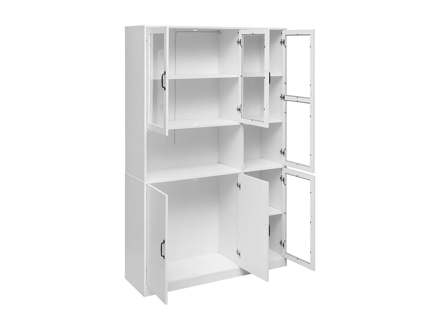 Vitrine blanche avec 2 portes, 4 portes vitrées et lumières LED, poignées noires