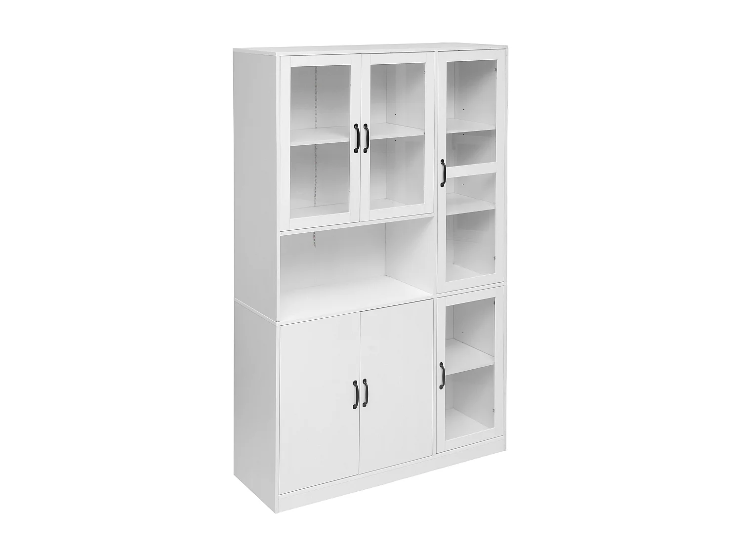 Vitrine blanche avec 2 portes, 4 portes vitrées et lumières LED, poignées noires