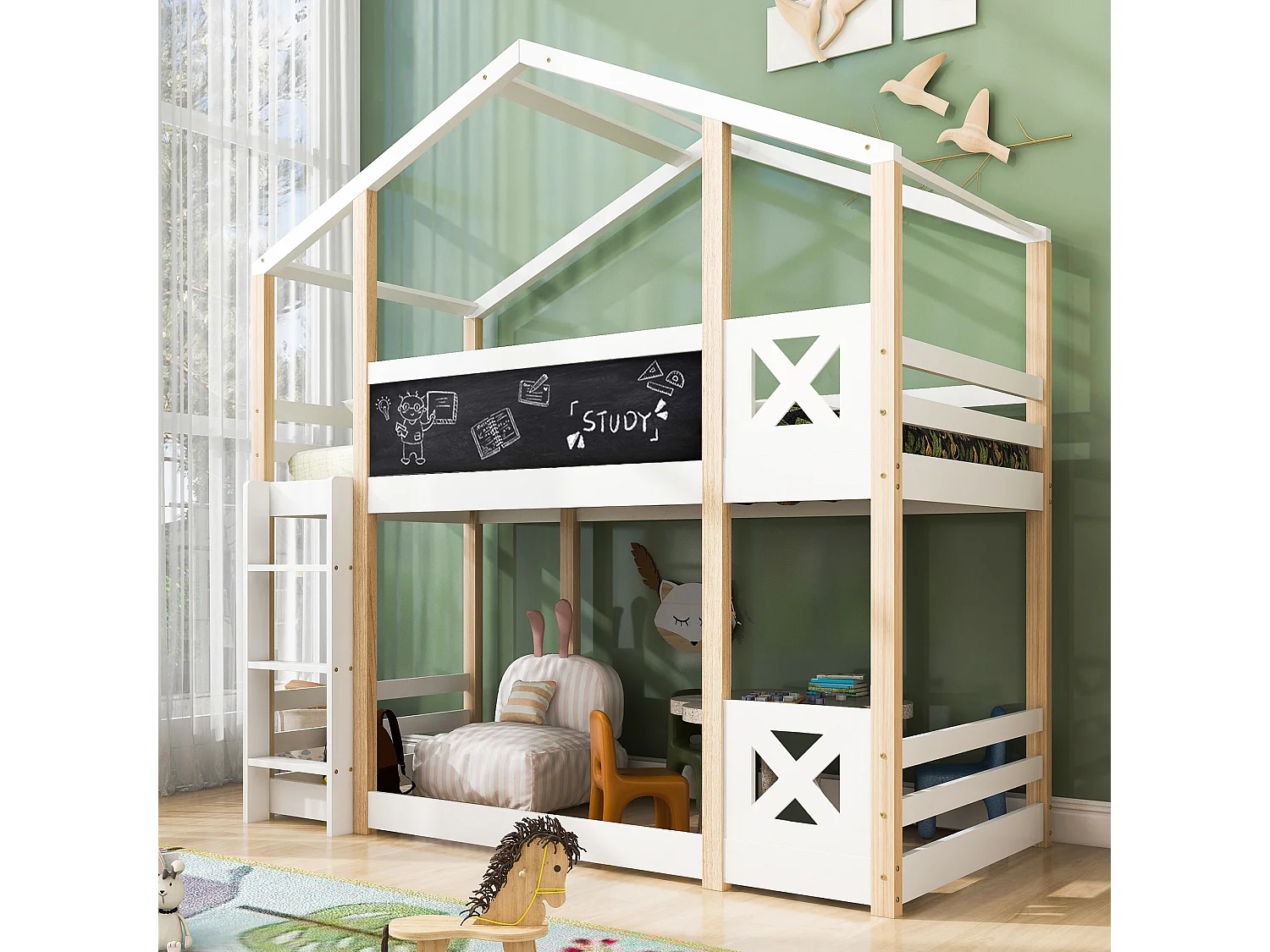 Lit superposé cabane enfant 90x200cm avec tableau noir et échelle, coloris blanc + naturel, sommier à lattes