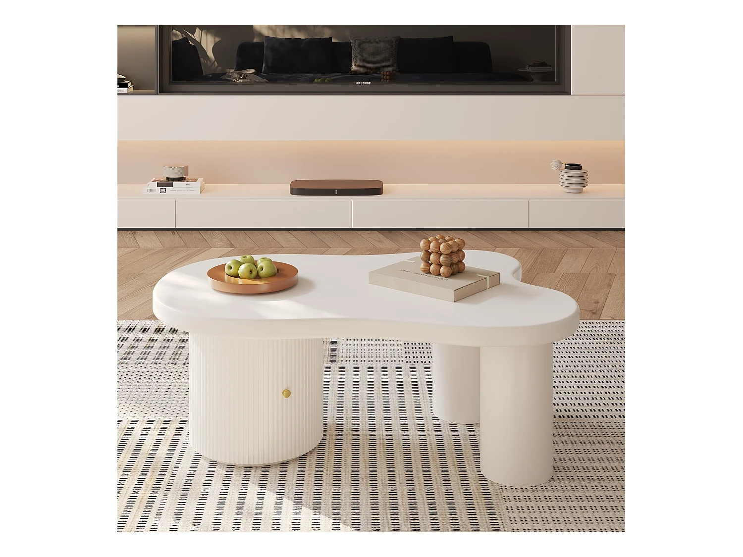 Table basse blanche avec porte, design asymétrique, MDF
