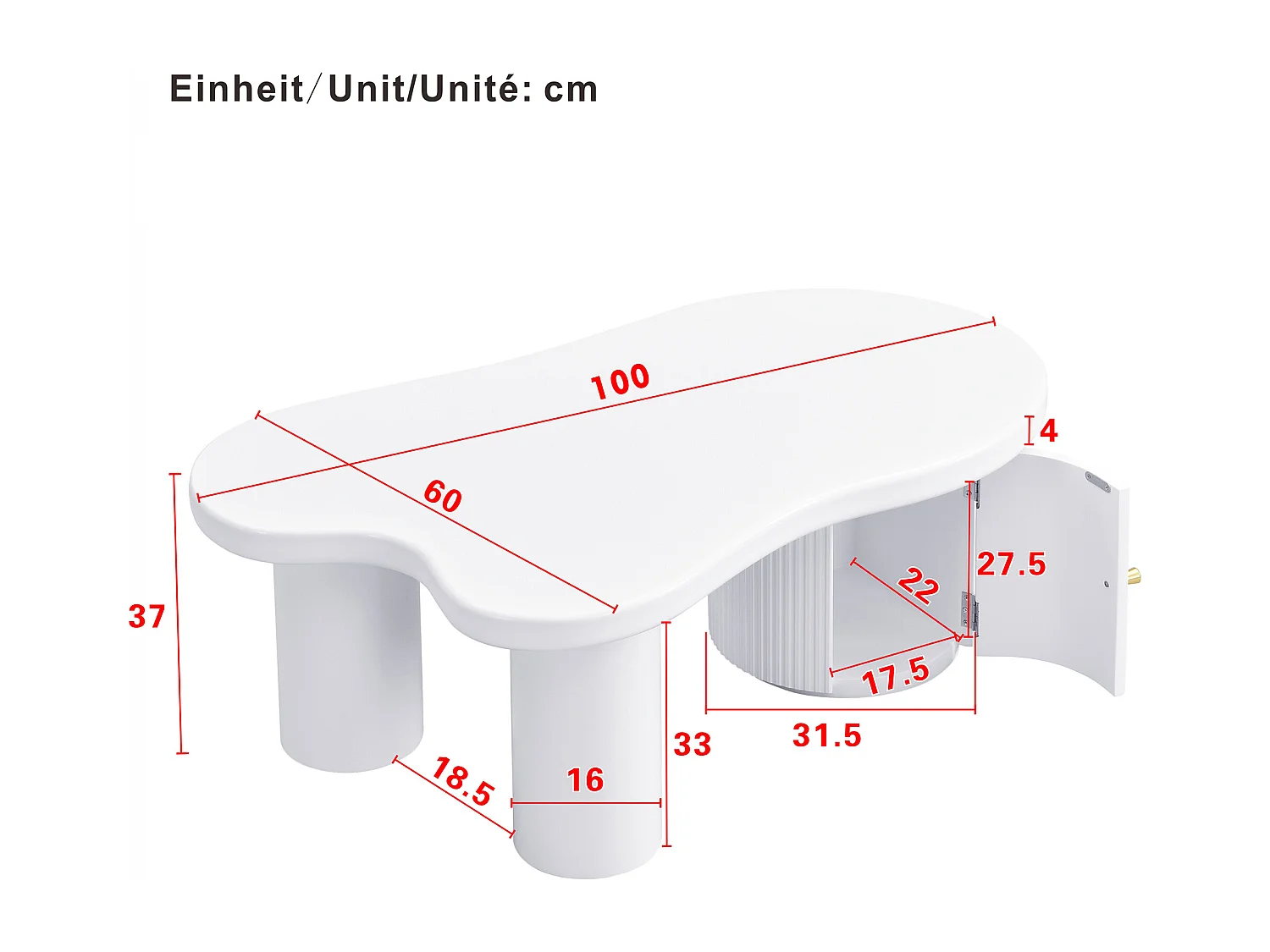 Table basse blanche avec porte, design asymétrique, MDF