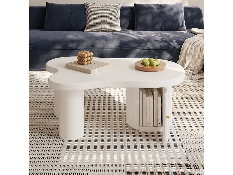 Table basse blanche avec porte, design asymétrique, MDF
