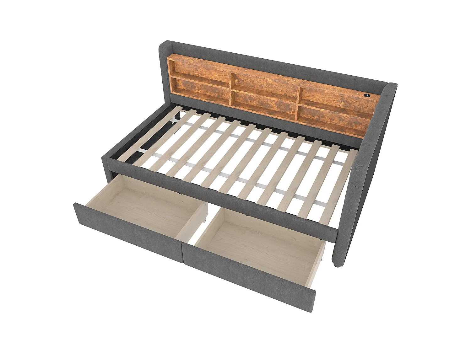 Divano letto singolo 90x200 cm con 2 cassetti, USB + Type C e contenitore, tessuto di lino grigio