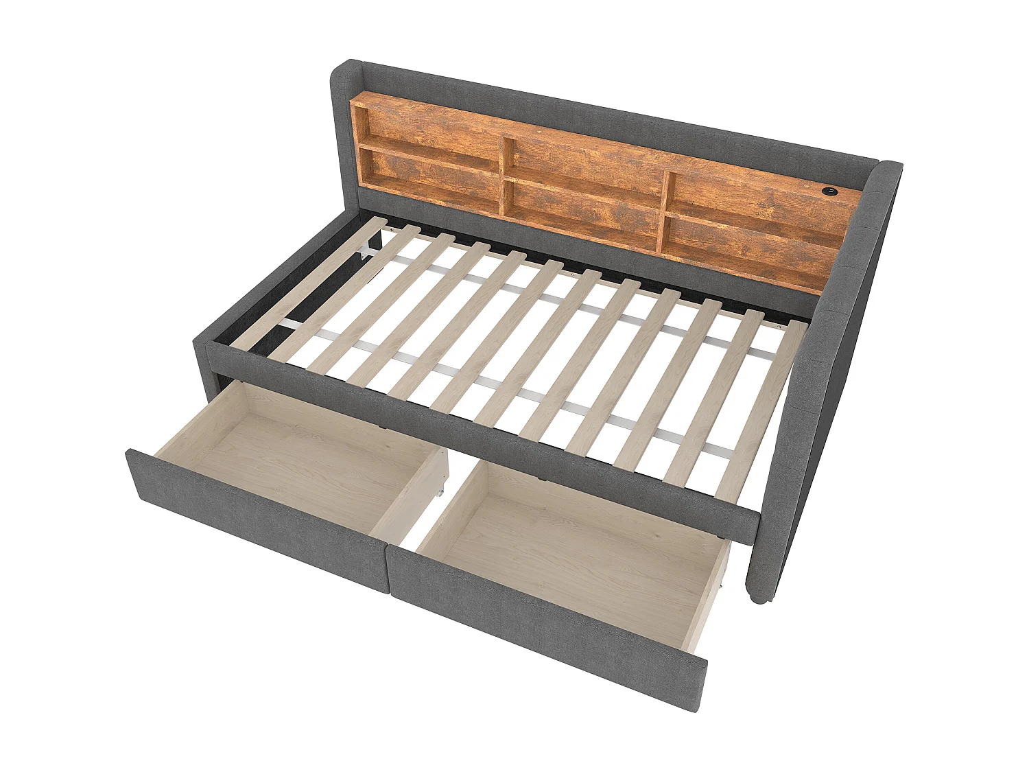 Lit banquette simple 90x200 cm avec 2 tiroirs, USB + Type C et rangement, tissu lin gris