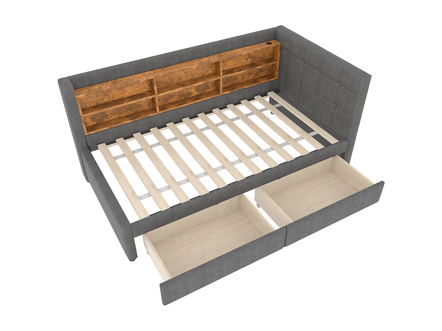 Lit banquette simple 90x200 cm avec 2 tiroirs, USB + Type C et rangement, tissu lin gris