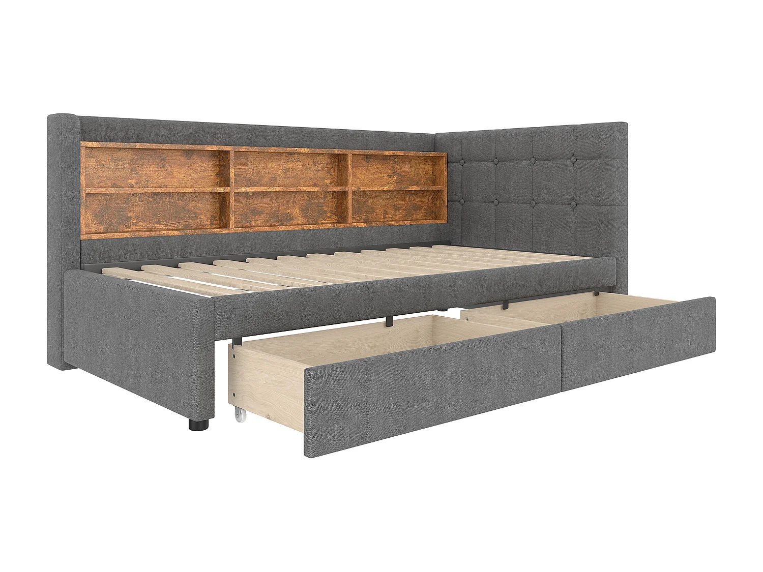Lit banquette simple 90x200 cm avec 2 tiroirs, USB + Type C et rangement, tissu lin gris