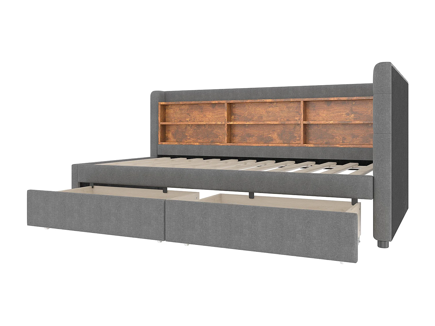 Lit banquette simple 90x200 cm avec 2 tiroirs, USB + Type C et rangement, tissu lin gris