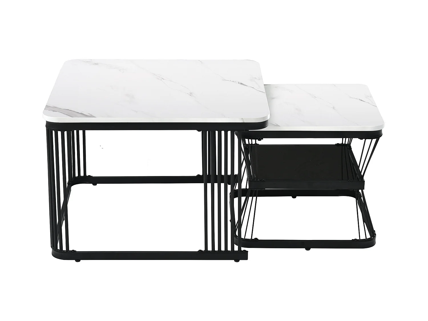 Set di 2 tavolini da caffè impilabili, piani effetto marmo bianco, gambe nere