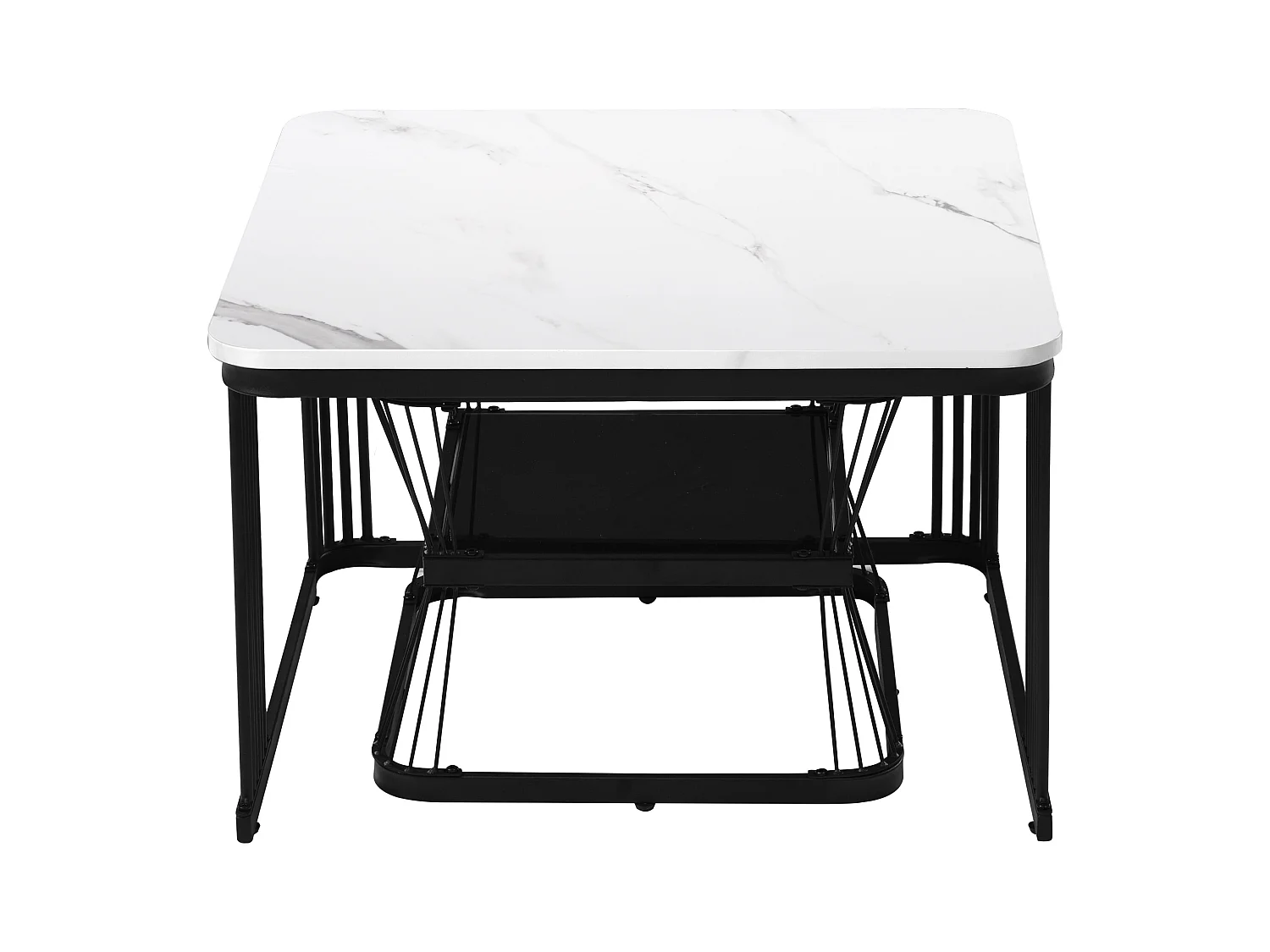 Set di 2 tavolini da caffè impilabili, piani effetto marmo bianco, gambe nere