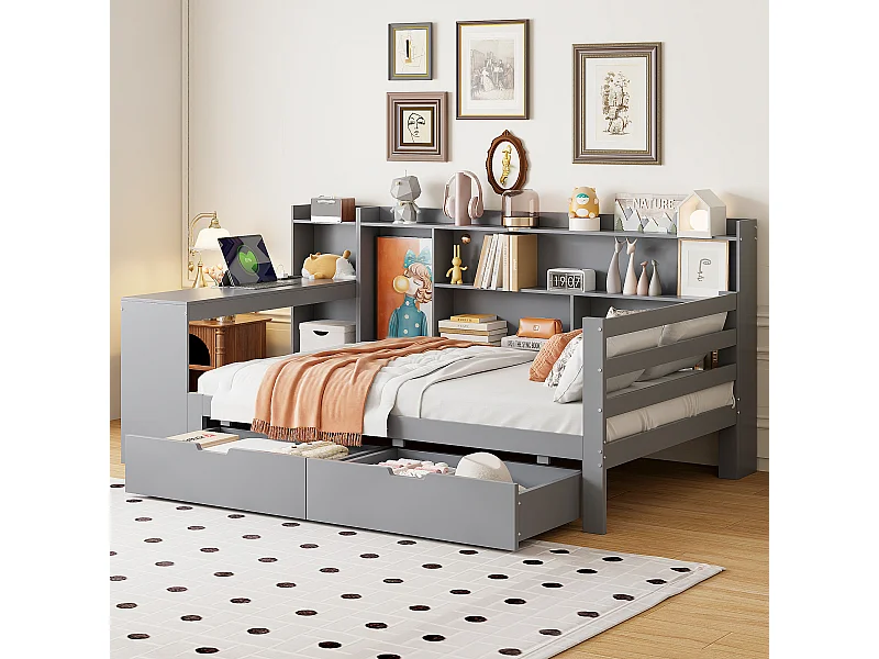 Lit banquette simple gris 90x200cm avec 2 tiroirs, bureau, prise et rangement, pin + MDF