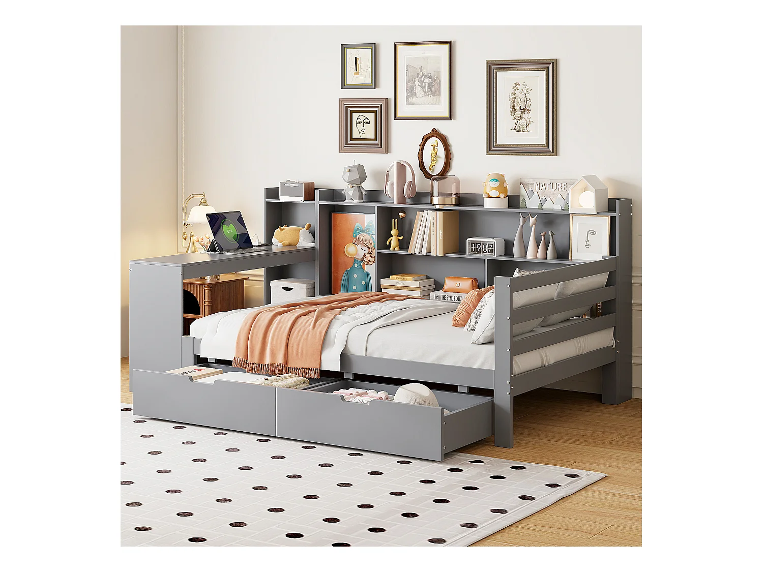 Lit banquette simple gris 90x200cm avec 2 tiroirs, bureau, prise et rangement, pin + MDF