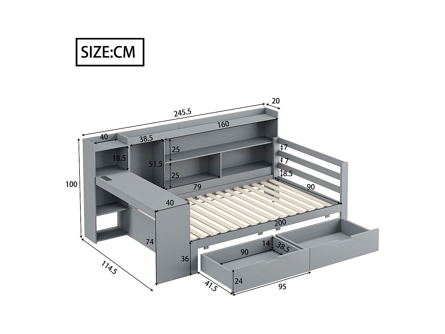 Lit banquette simple gris 90x200cm avec 2 tiroirs, bureau, prise et rangement, pin + MDF