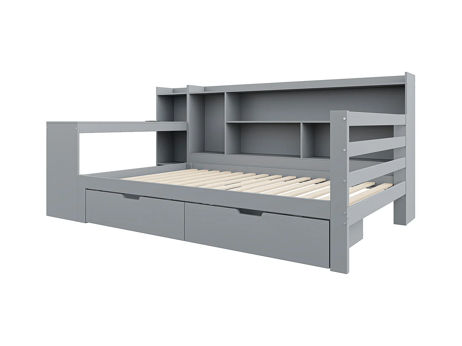 Lit banquette simple gris 90x200cm avec 2 tiroirs, bureau, prise et rangement, pin + MDF