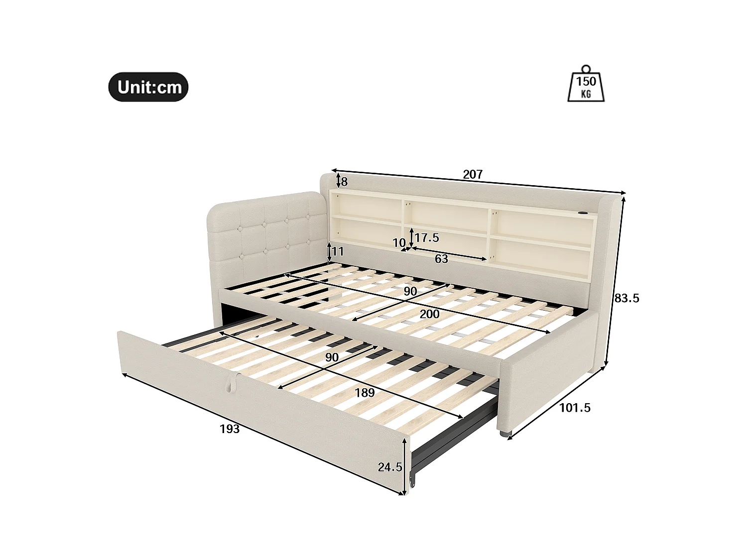 Divano letto in tessuto di lino beige 90x200 cm (180x200 cm), porte USB + Type C, contenitore, rete a doghe
