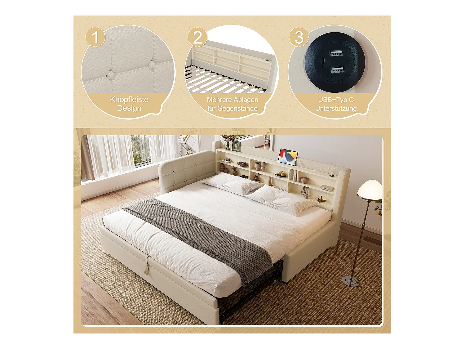 Divano letto in tessuto di lino beige 90x200 cm (180x200 cm), porte USB + Type C, contenitore, rete a doghe