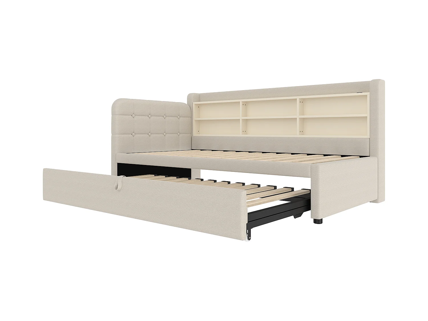 Divano letto in tessuto di lino beige 90x200 cm (180x200 cm), porte USB + Type C, contenitore, rete a doghe