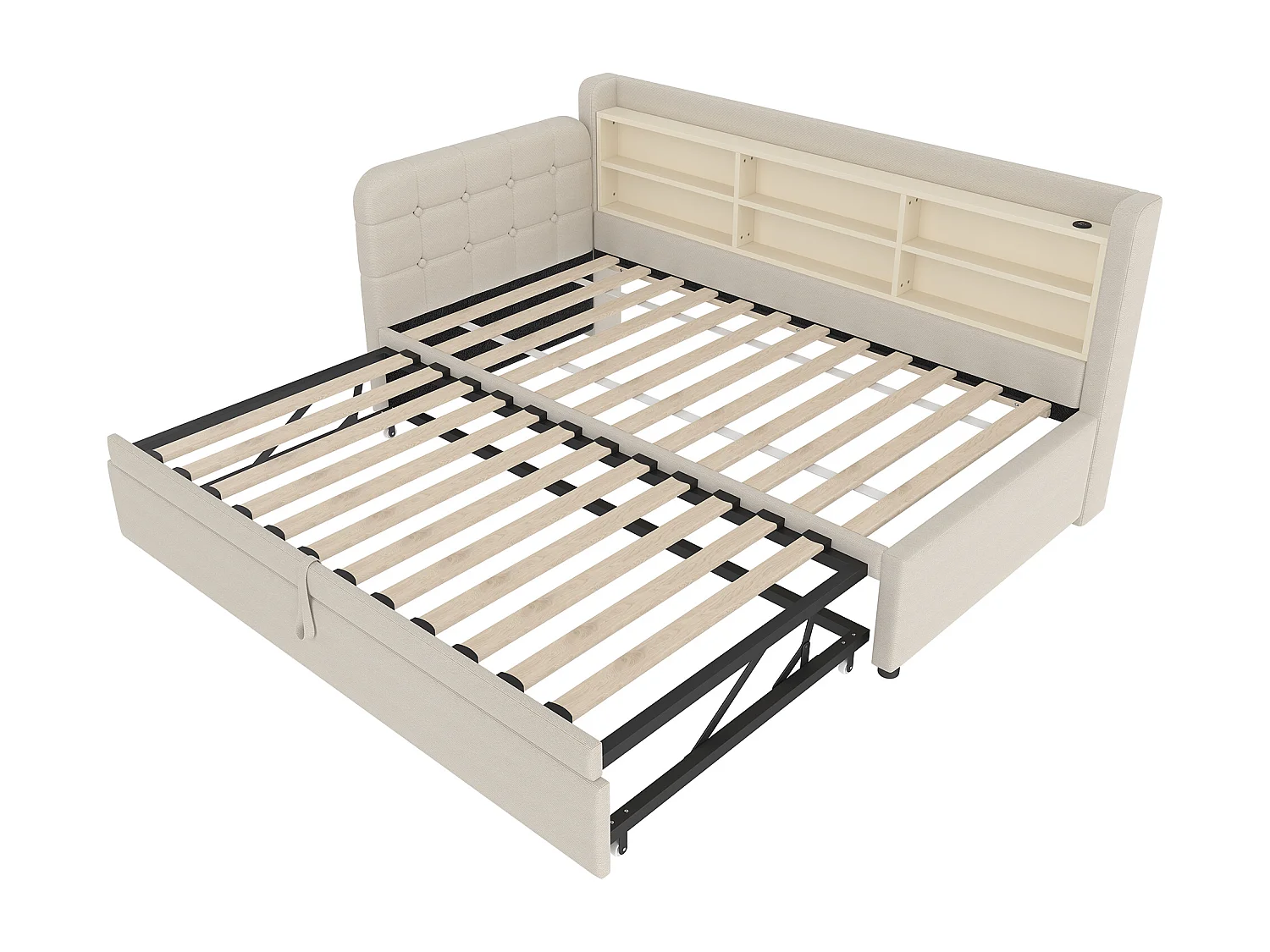 Beige linnen stoffen slaapbank 90x200 cm (180x200 cm), USB + Type C-poorten, opbergruimte, lattenbodem