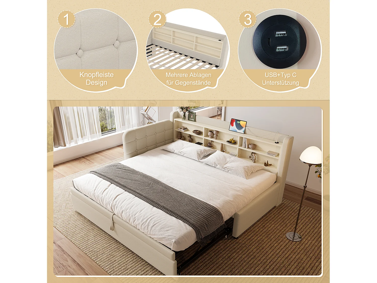 Beige linnen stoffen slaapbank 90x200 cm (180x200 cm), USB + Type C-poorten, opbergruimte, lattenbodem