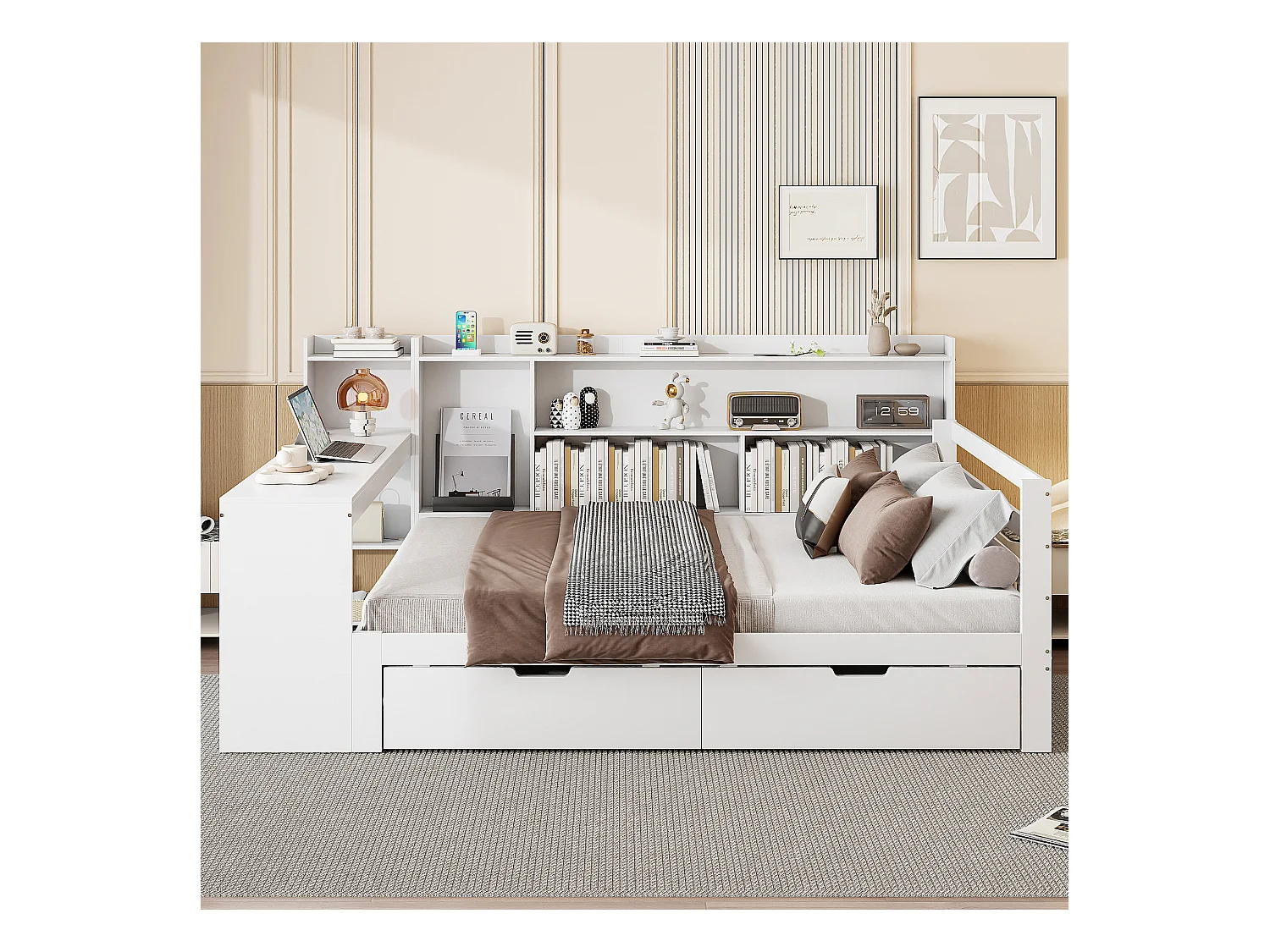 Divano letto matrimoniale bianco 140x200cm con 2 cassetti, scrivania, presa elettrica e contenitore, pino + MDF