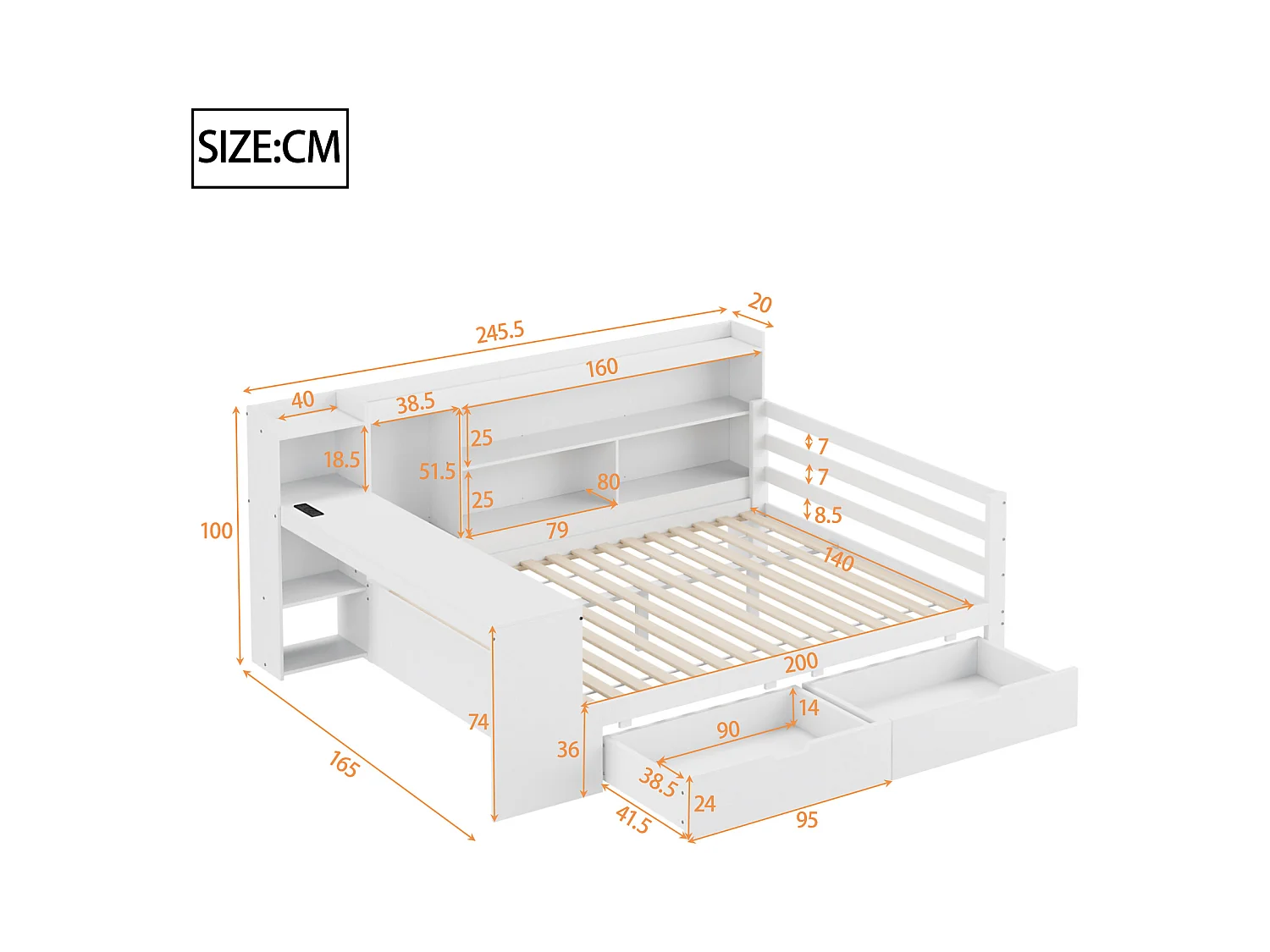 Divano letto matrimoniale bianco 140x200cm con 2 cassetti, scrivania, presa elettrica e contenitore, pino + MDF