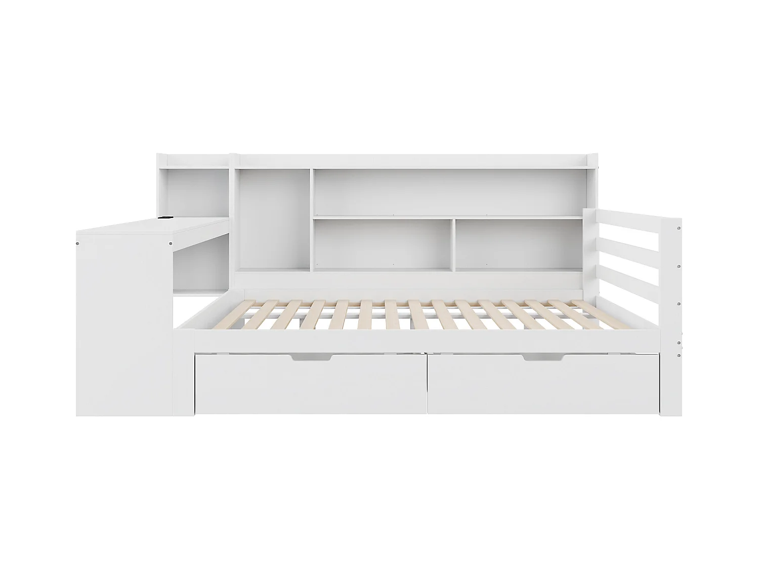 Divano letto matrimoniale bianco 140x200cm con 2 cassetti, scrivania, presa elettrica e contenitore, pino + MDF