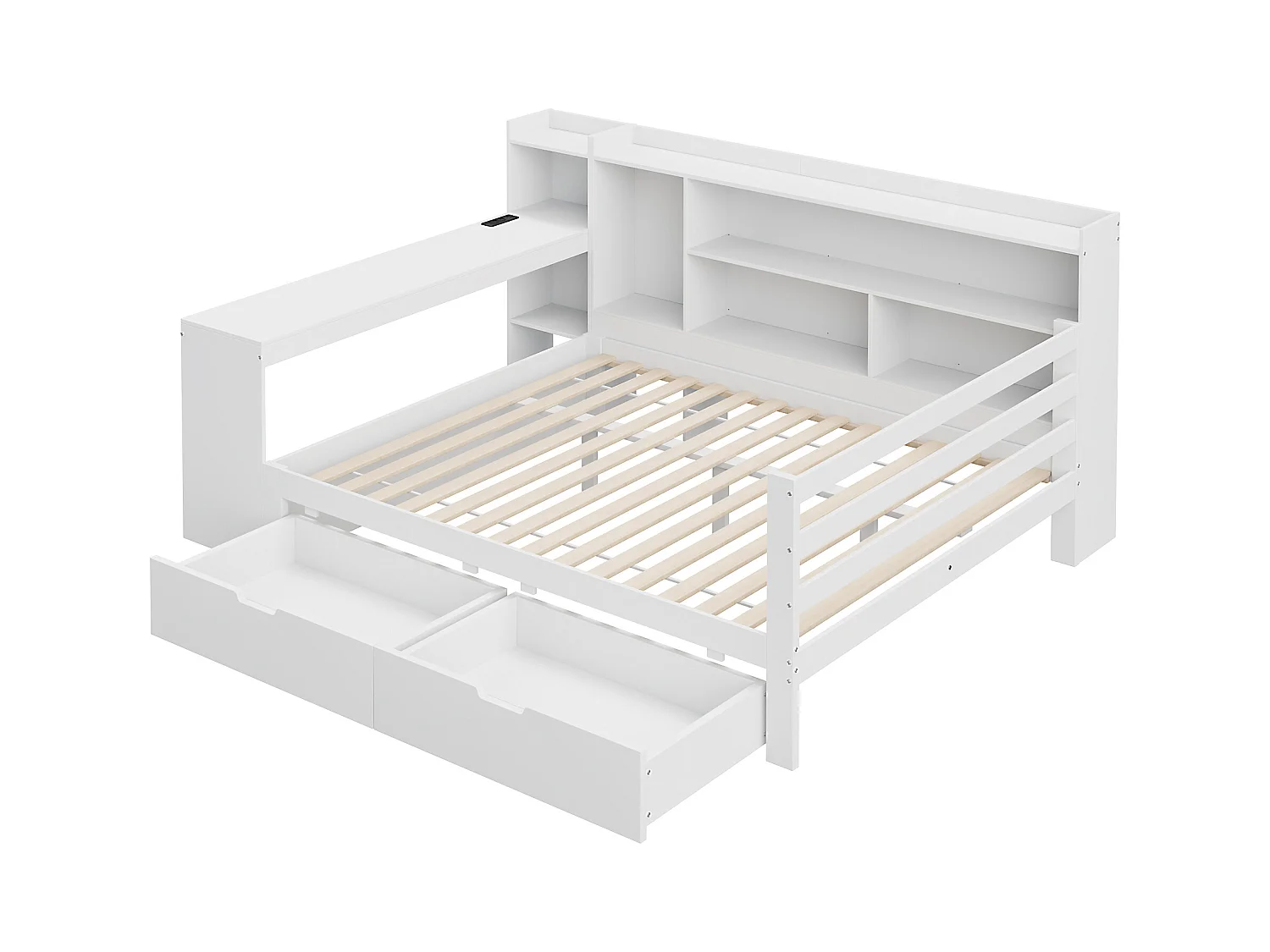 Divano letto matrimoniale bianco 140x200cm con 2 cassetti, scrivania, presa elettrica e contenitore, pino + MDF
