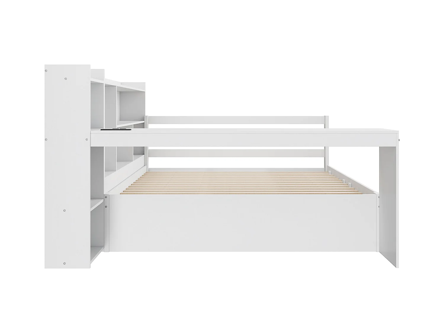 Divano letto matrimoniale bianco 140x200cm con 2 cassetti, scrivania, presa elettrica e contenitore, pino + MDF