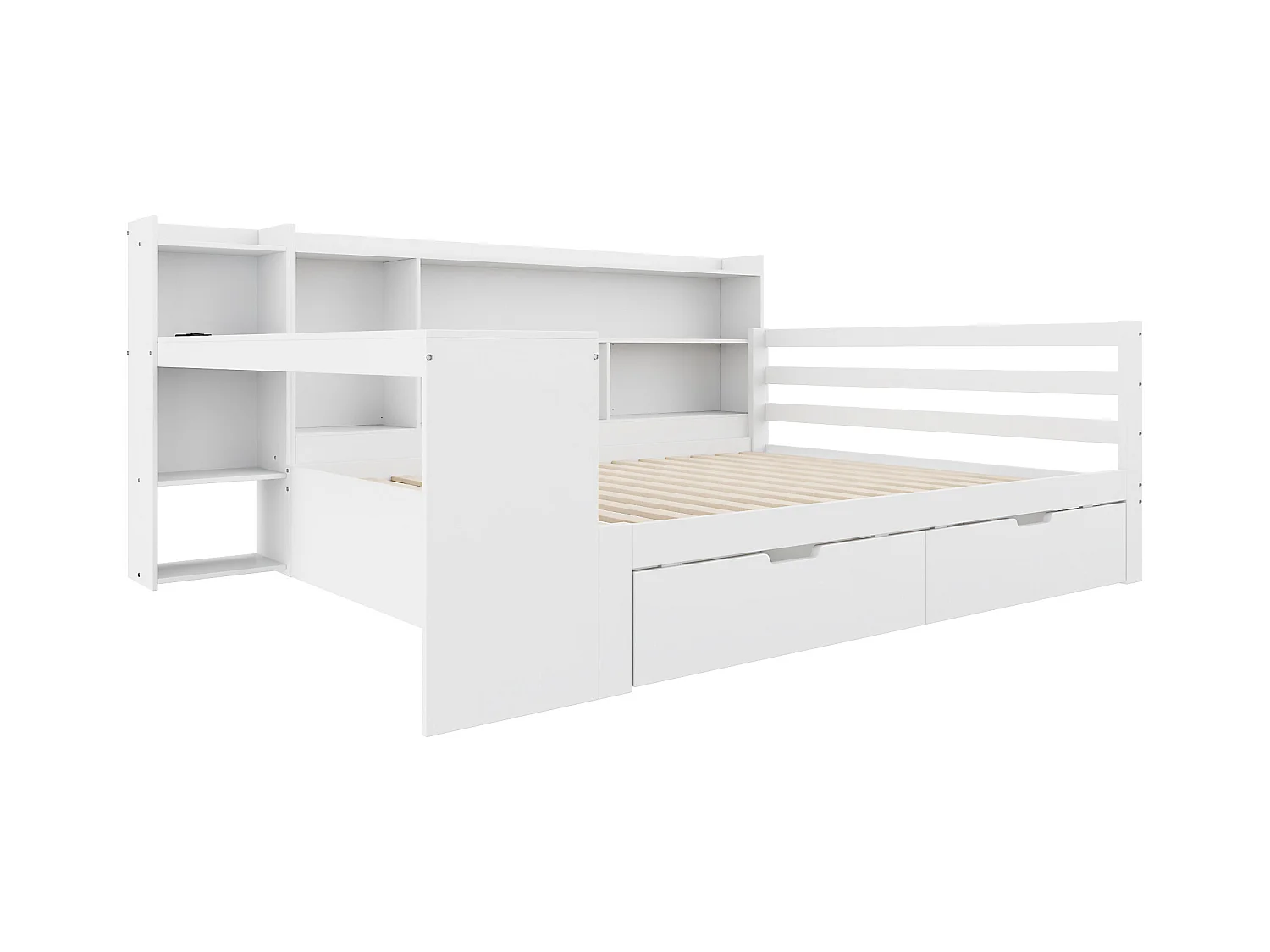 Divano letto matrimoniale bianco 140x200cm con 2 cassetti, scrivania, presa elettrica e contenitore, pino + MDF