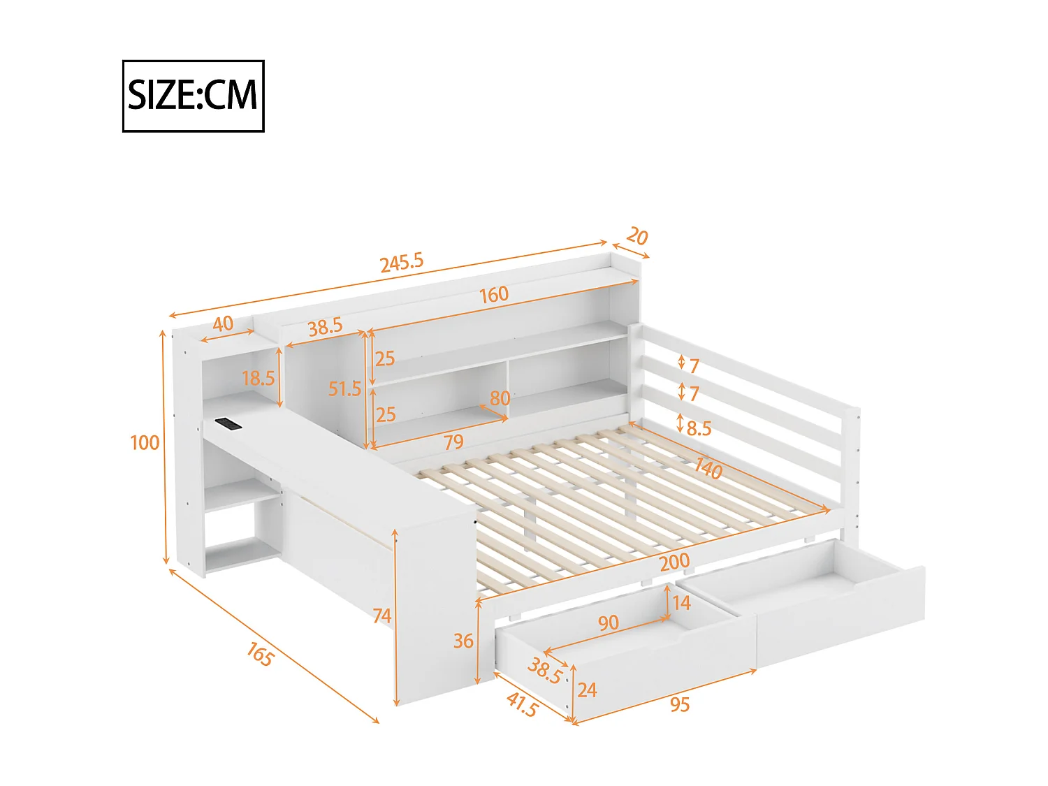 Lit banquette double blanc 140x200cm avec 2 tiroirs, bureau, prise et rangement, pin + MDF