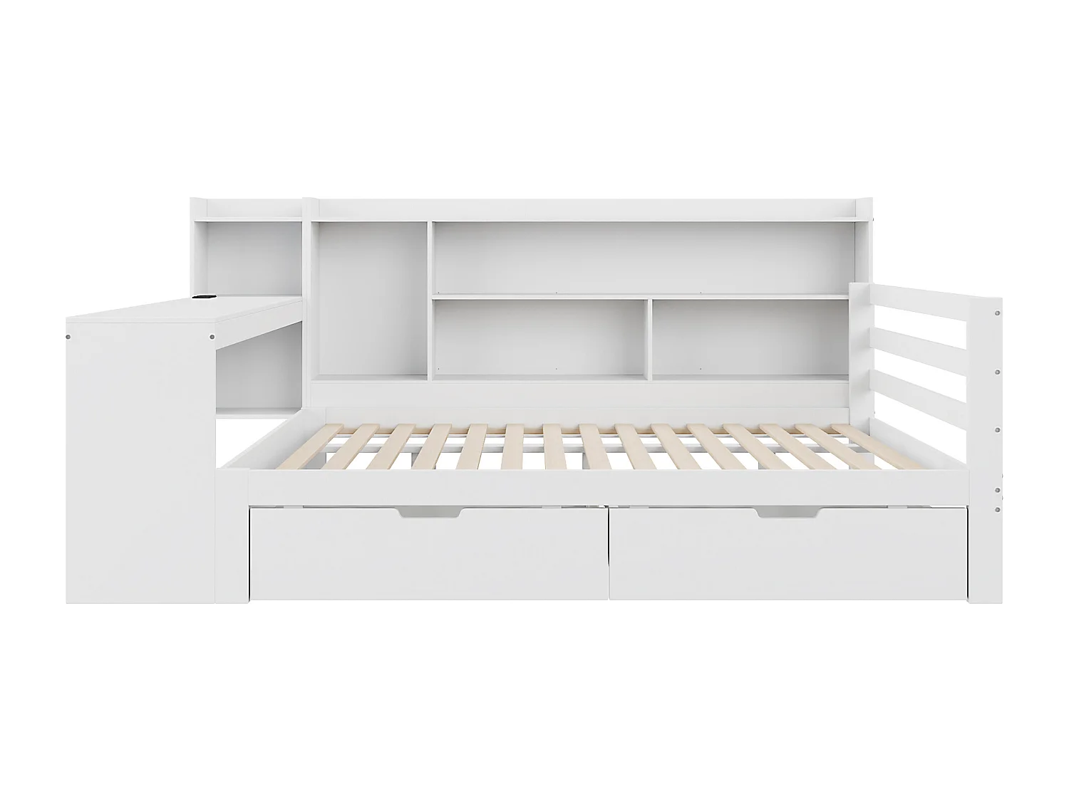 Lit banquette double blanc 140x200cm avec 2 tiroirs, bureau, prise et rangement, pin + MDF