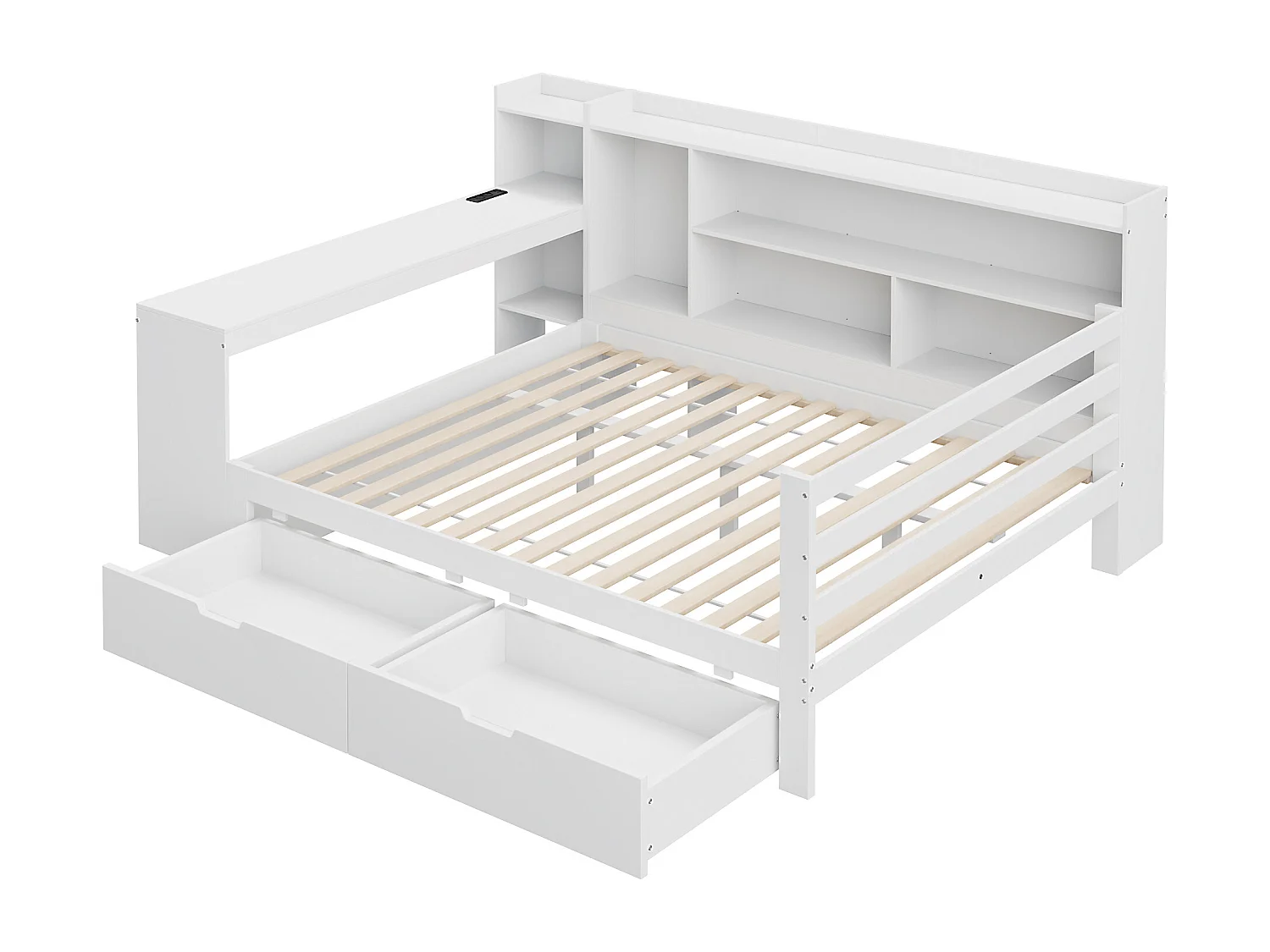 Lit banquette double blanc 140x200cm avec 2 tiroirs, bureau, prise et rangement, pin + MDF